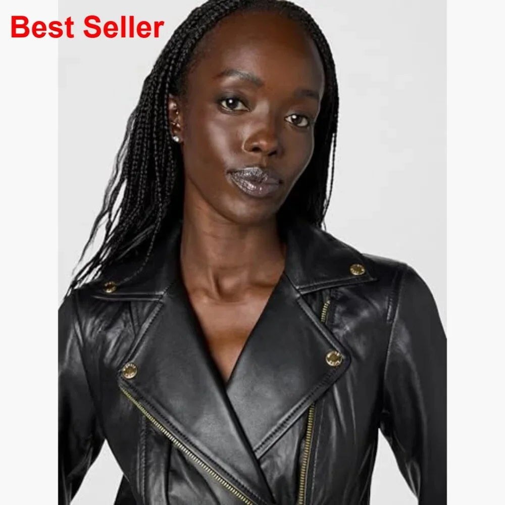 Leather Moto Jacket with Cropped Hem and Multiple Pockets - Picture 3 of 4